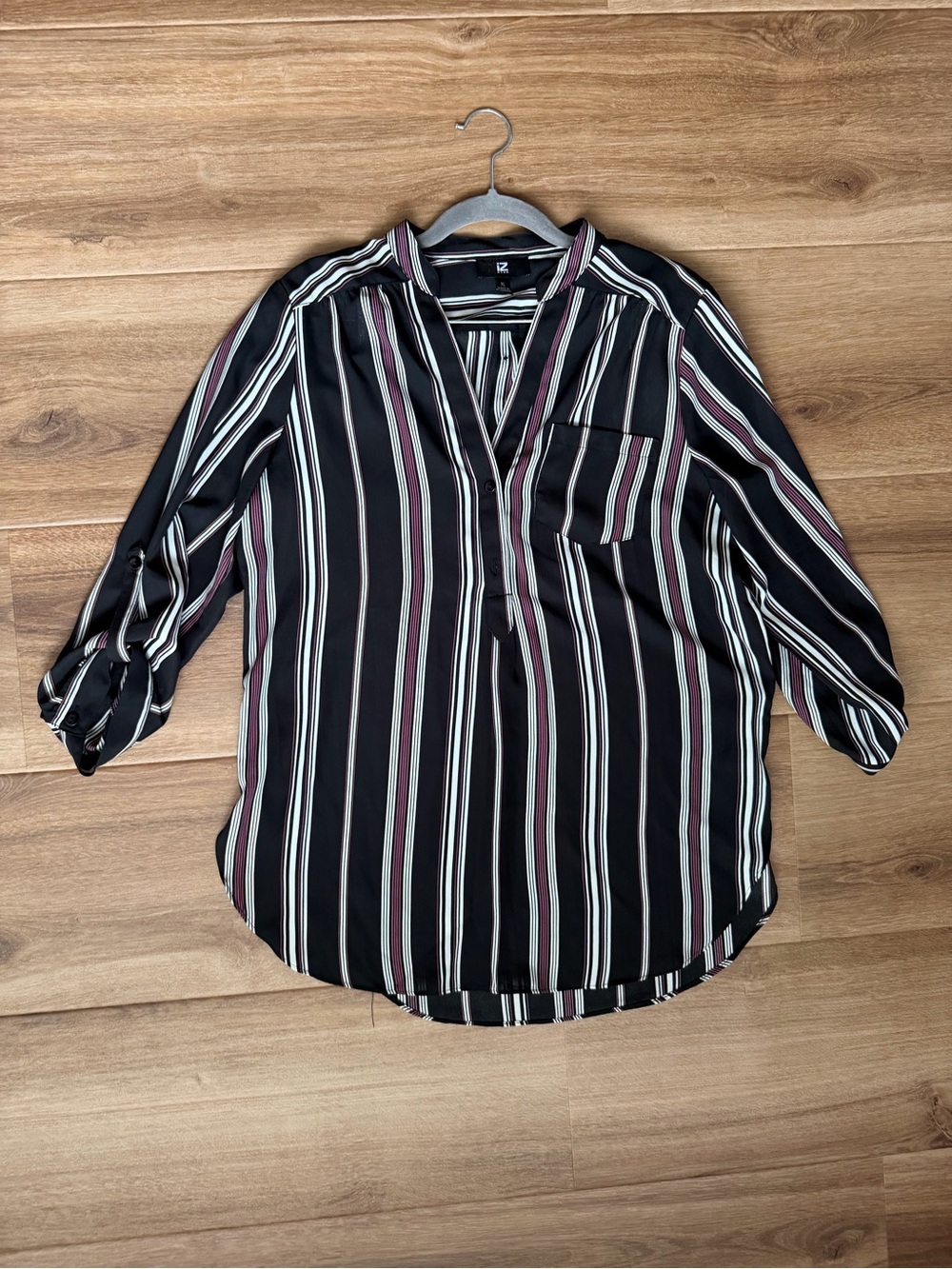 Iz Byer Black Striped V-Neck Tunic with White and Burgundy Stripes